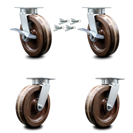 Service Caster 8 Inch Kingpinless High Temp Phenolic Wheel Caster Swivel Locks 2 Brakes, 4PK SCC-KP30S820-PHRHT-SLB-BSL-2-BSL-2